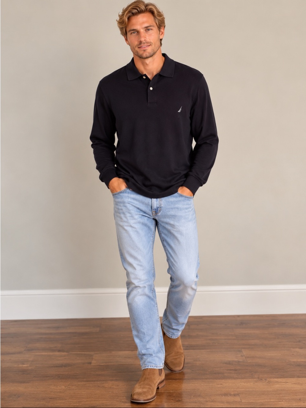 Nautica Navy Blue Long Sleeve Polo Shirt XL Tall